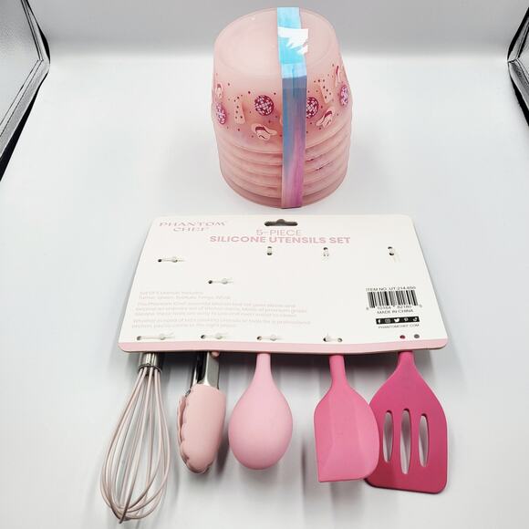 NWT Pink Silicone 5-piece Utensil Set & 6 Set of Cowgirl Print Bowls Youth Girls - Picture 7 of 7